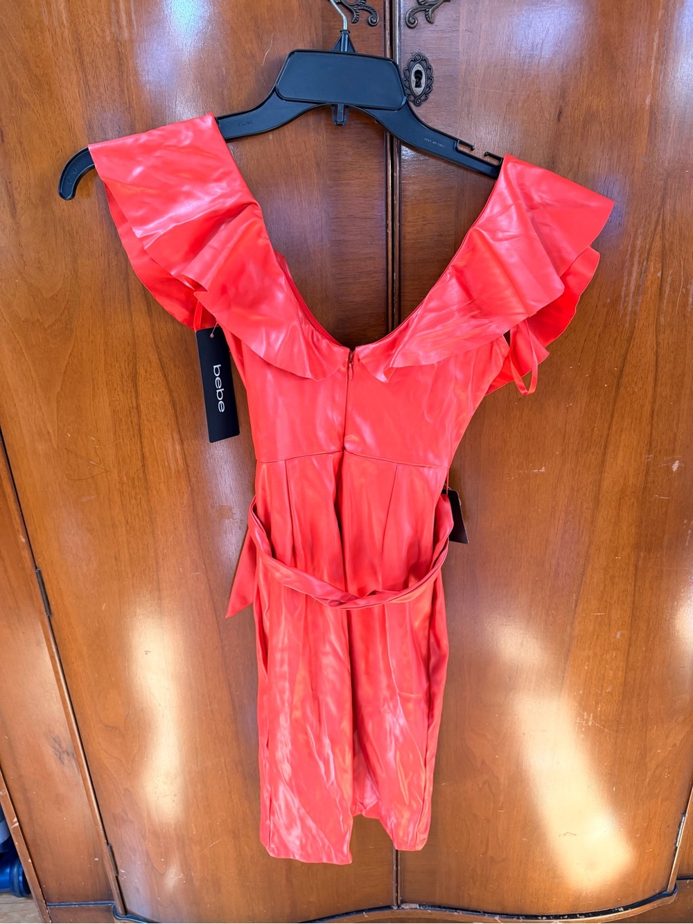 BEBE Red Vegan Leather Ruffled V-Neck Midi Dress with Tie Belt - Picture 2 of 6